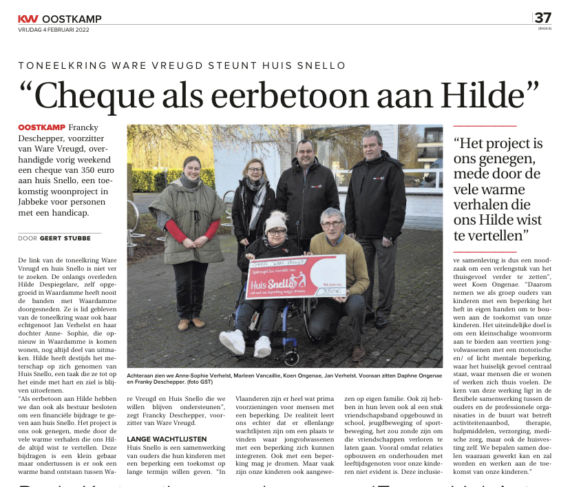 Cheque als eerbetoon aan Hilde